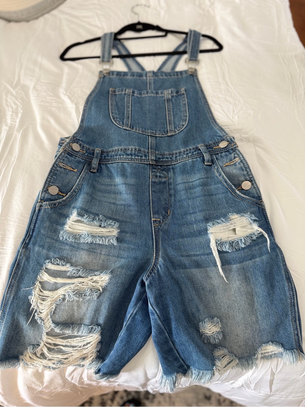 Denim Distressed Short Overalls - Blue